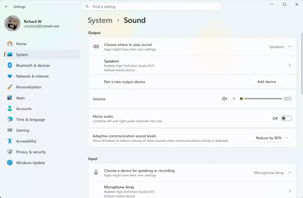 Settings › System › Sound