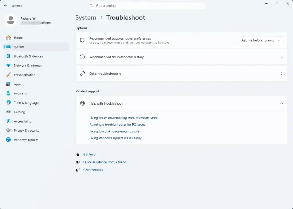 Settings › System › Troubleshoot