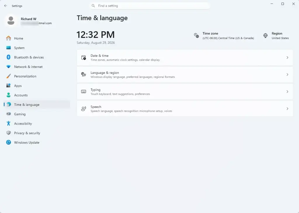 Settings › Time & language