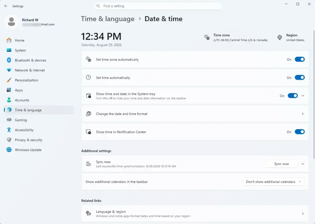 Settings › Time & language › Date & time