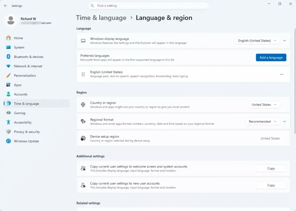 Settings › Time & language › Language & region
