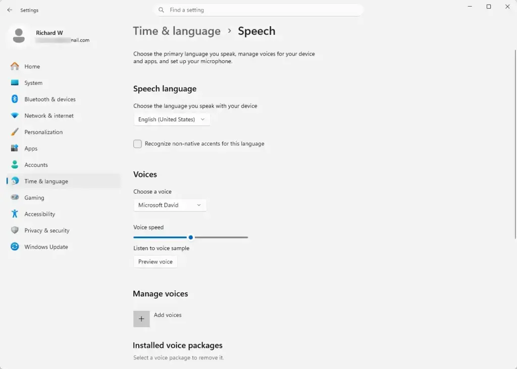 Settings › Time & language › Speech