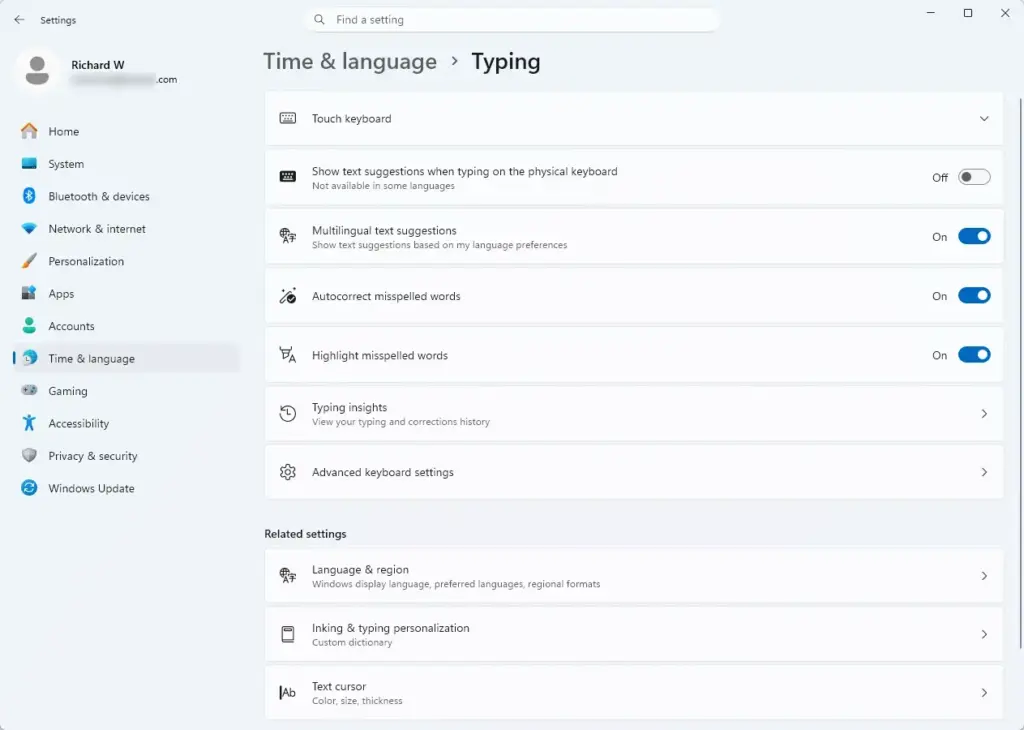 Settings › Time & language › Typing