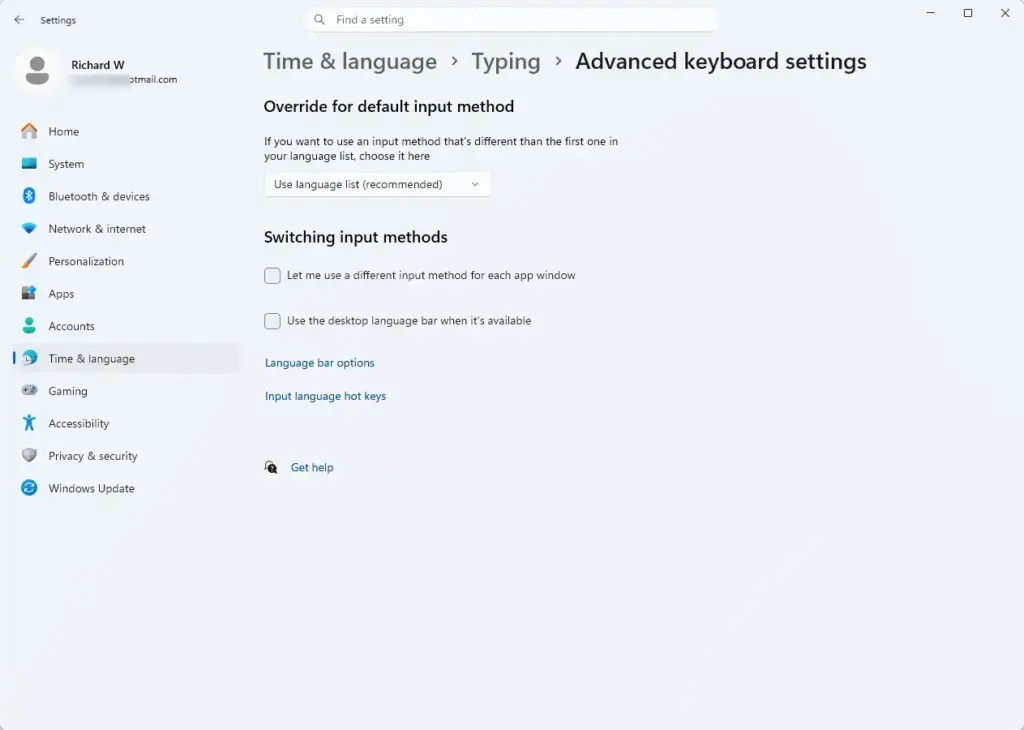 Settings › Time & language › Typing › Advanced keyboard settings