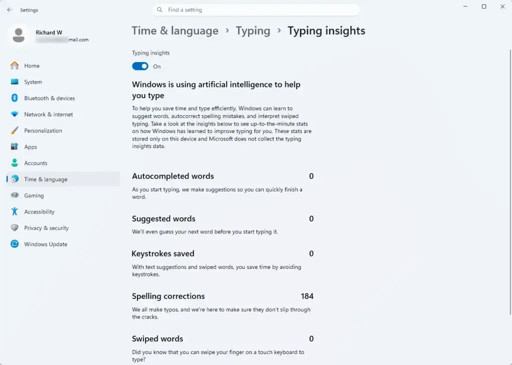 Settings › Time & language › Typing › Typing insights