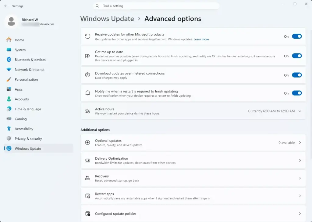 Settings › Update › Advanced options