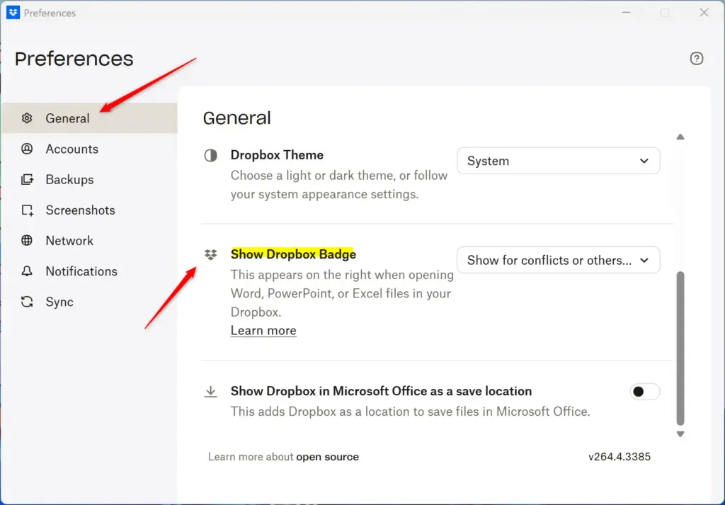 Dropbox badge settings menu on Windows 11