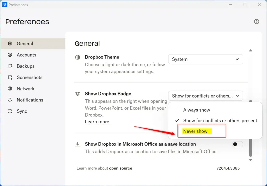 Dropbox badge set to never show in Office applications