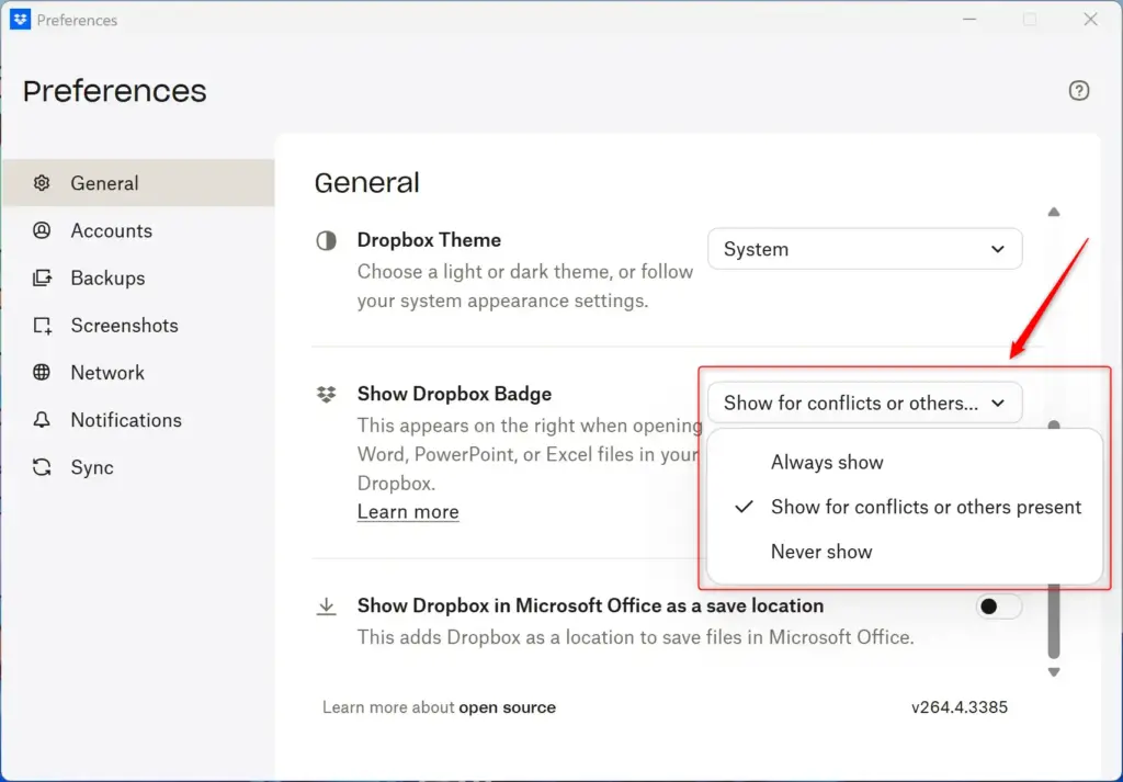 Dropbox badge options: always show or show when collaborating