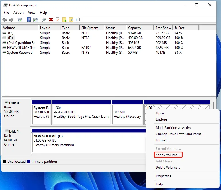 Shrinking Windows 10 disk volume for dual-booting Windows 11 setup.