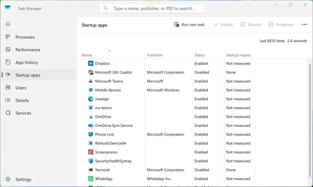 Task Manager › Startup