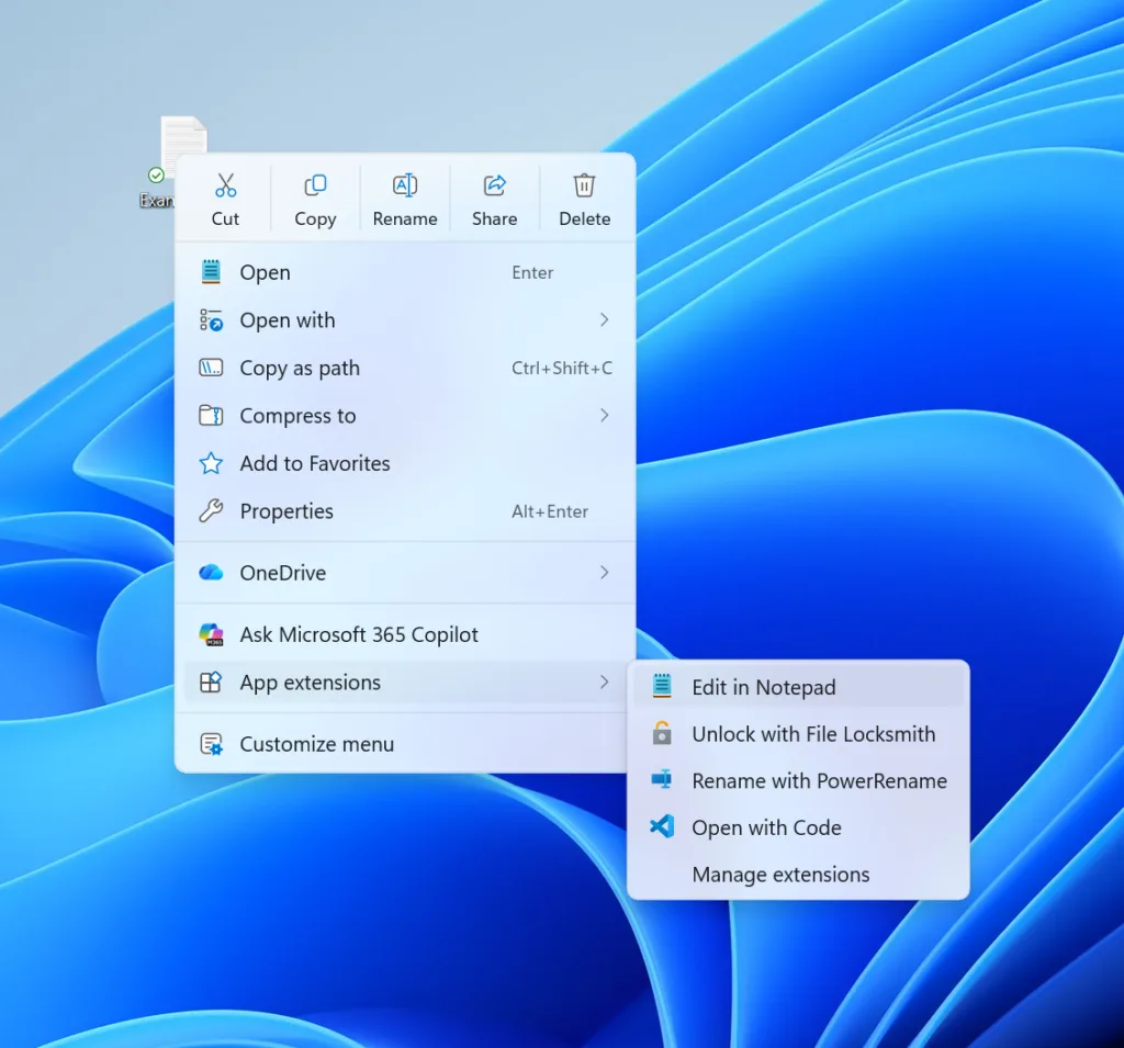 The new Windows 11 right-click context menu with File and App actions options