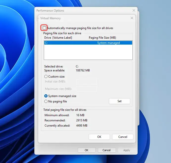 Virtual memory settings window to manage Windows 11 paging file