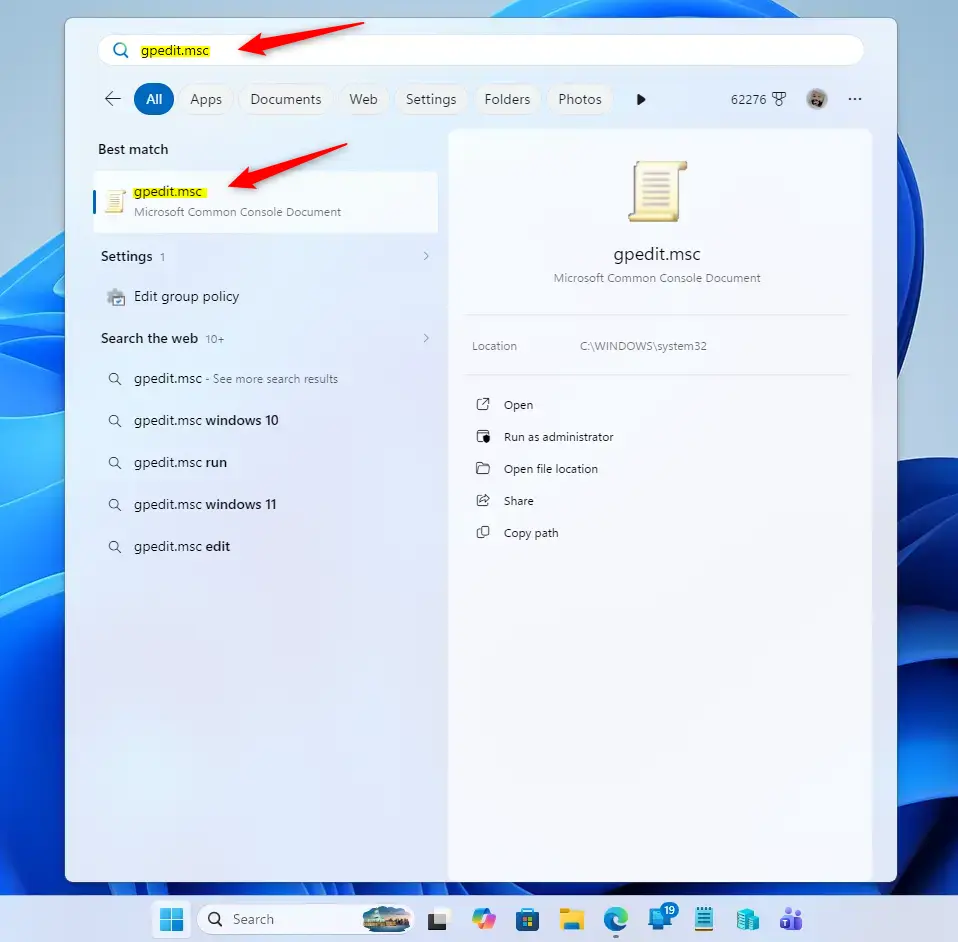Search for gpedit.msc in Windows 11 Start menu.