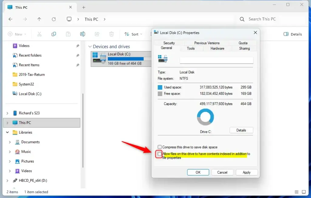 Disable file content indexing for a specific drive in Windows 11 settings.