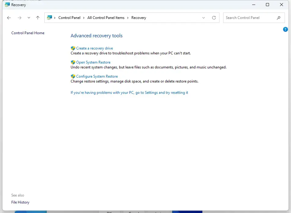 Control Panel › All Control Panel Items › Recovery