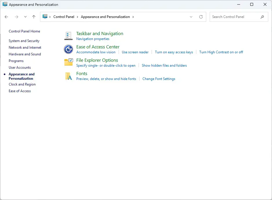 Control Panel › Appearance and Personalization