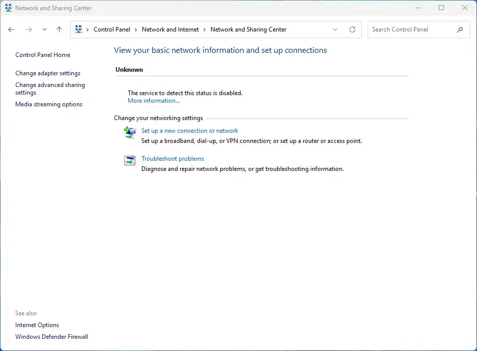 Control Panel › Network and Internet › Network and Sharing Center
