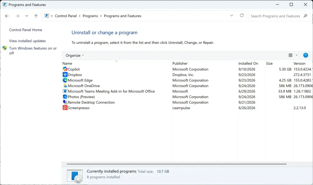 Control Panel › Programs › Programs and Features