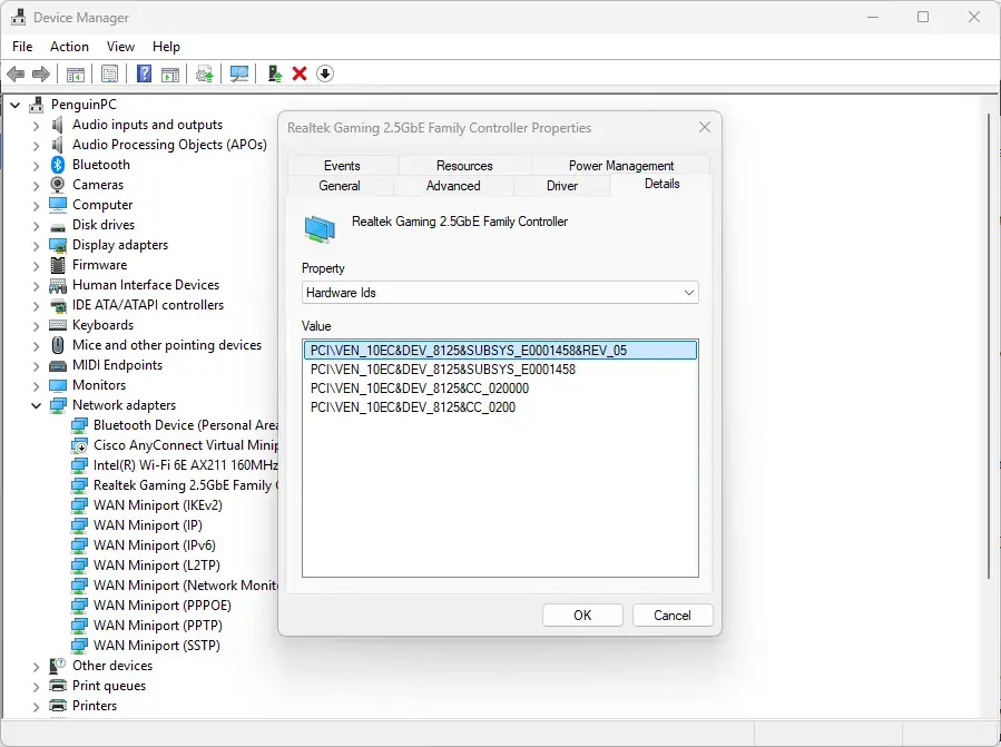 Device Manager showing network adapter hardware details in Windows 11