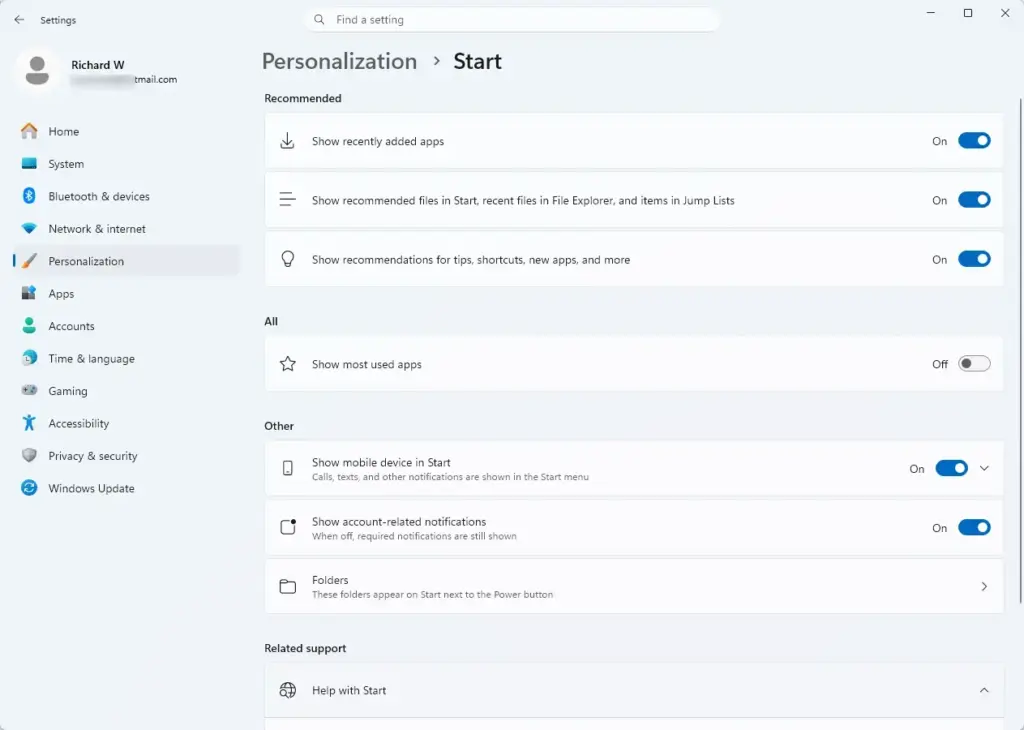 Windows 11 Settings Personalization Start menu options for recent files