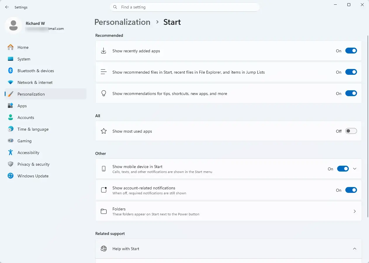 Windows 11 Settings Personalization Start menu options for recent files