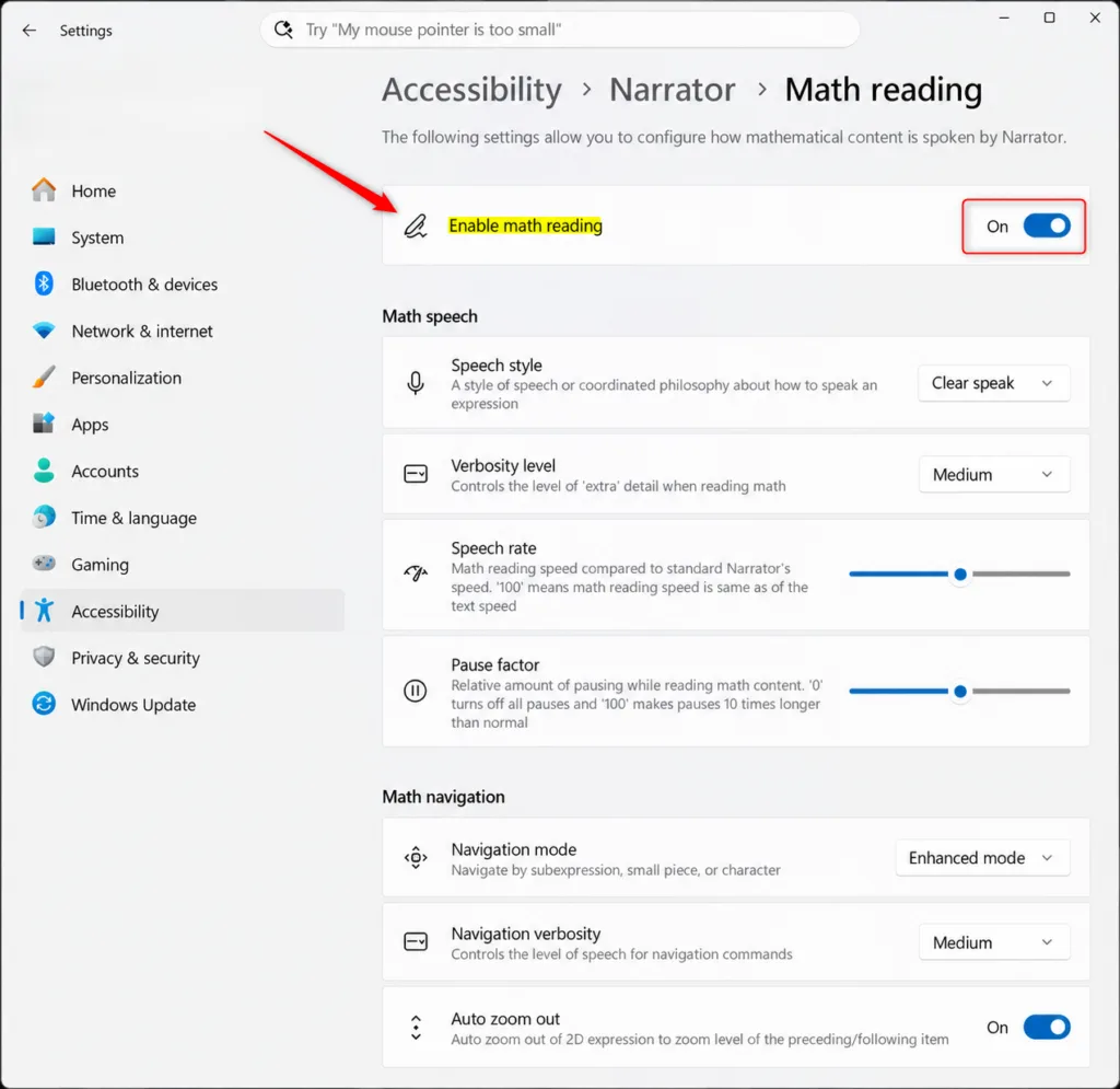 Settings › Accessibility › Narrator › Math reading