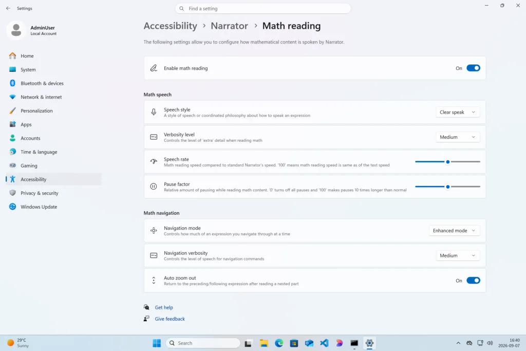 Settings › Accessibility › Narrator › Math reading