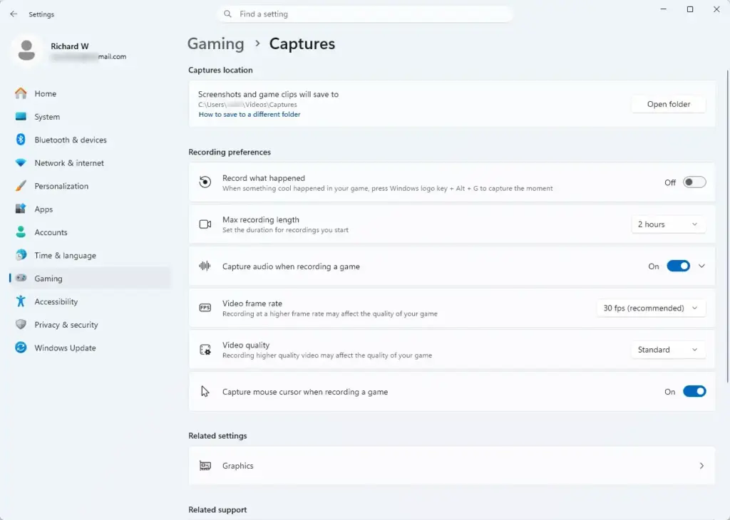 Settings › Gaming › Captures