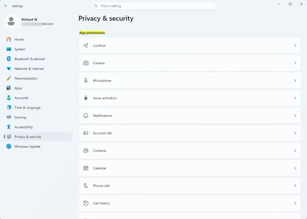 Settings › Privacy & security › App permissions