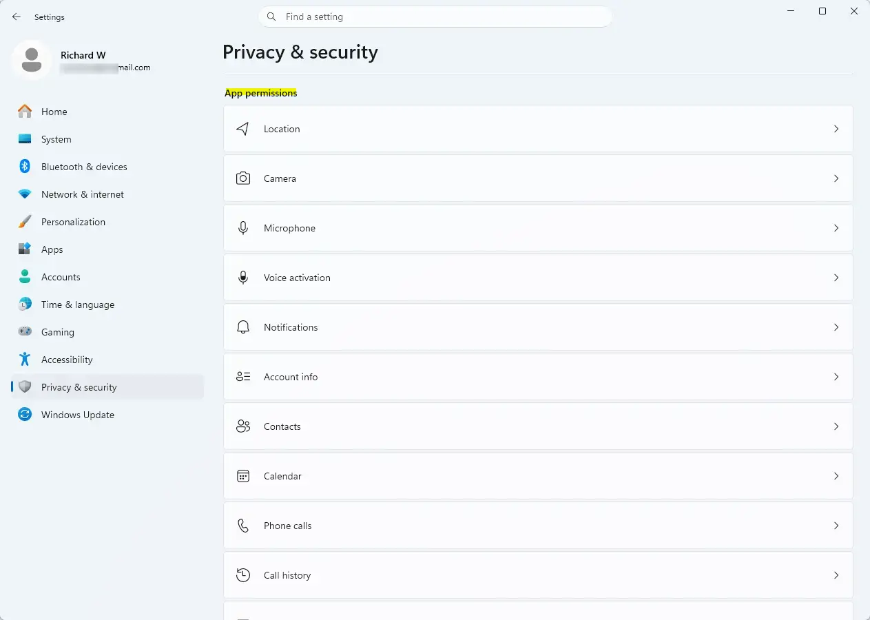 Settings › Privacy & security › App permissions