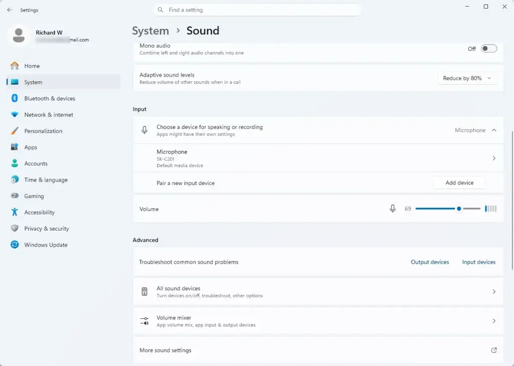 Settings › Sound › Input
