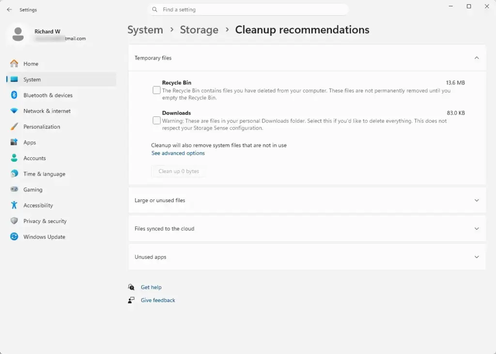Settings › Storage › Cleanup recommendations