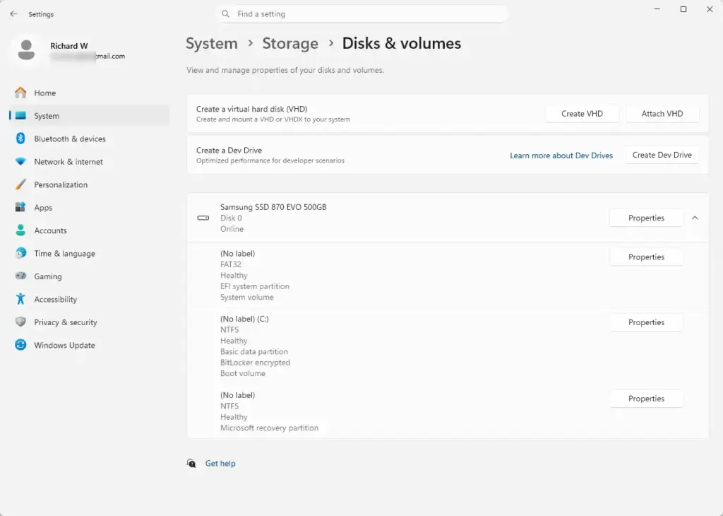 Settings › Storage › Disks & volumes