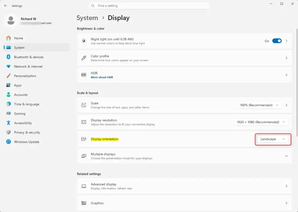 Settings › System › Display › Display orientation