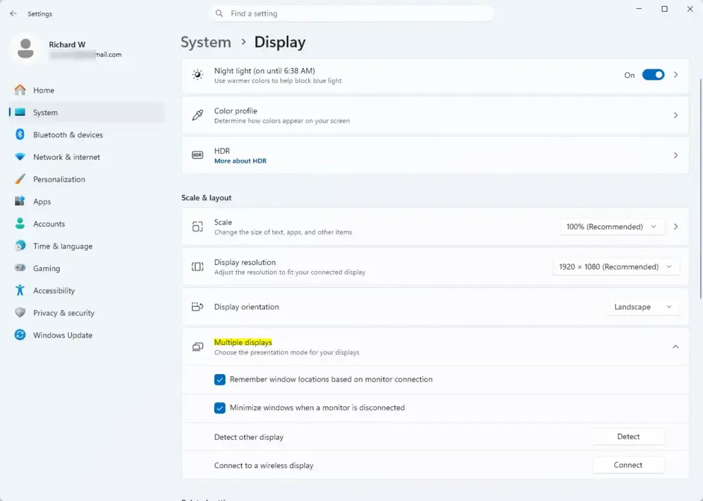 Settings › System › Display › Multiple displays