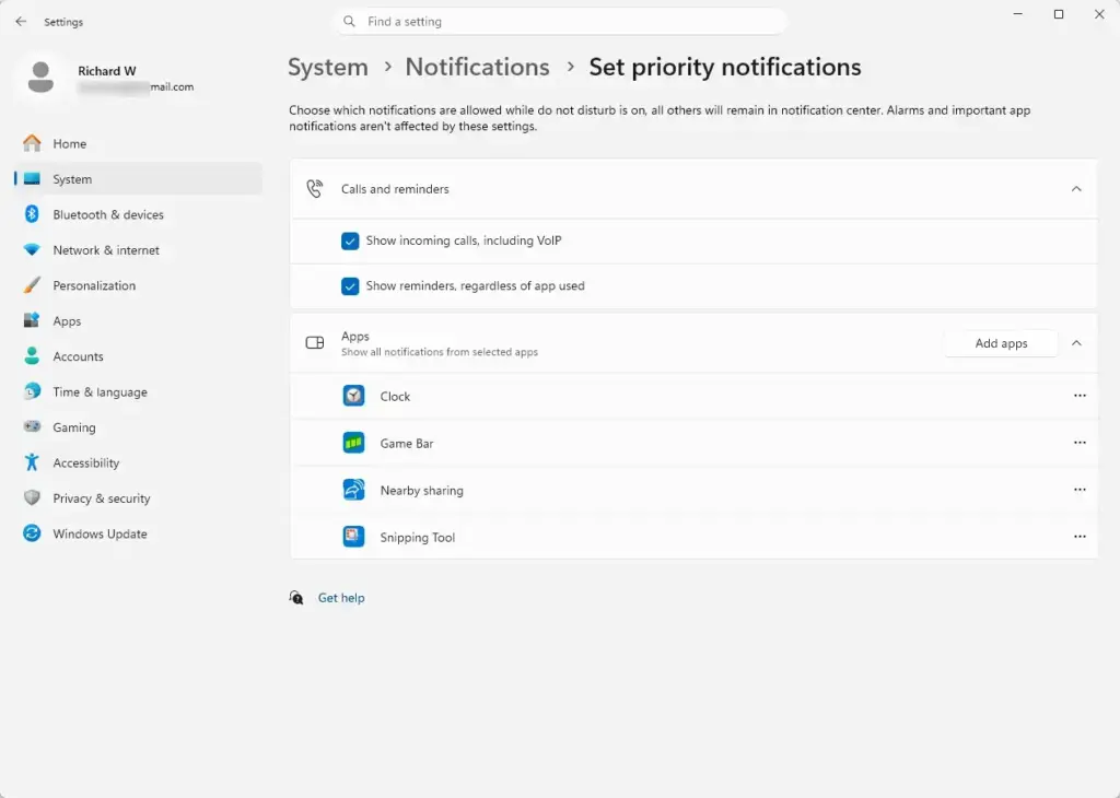 Settings › System › Notifications › Set priority notifications