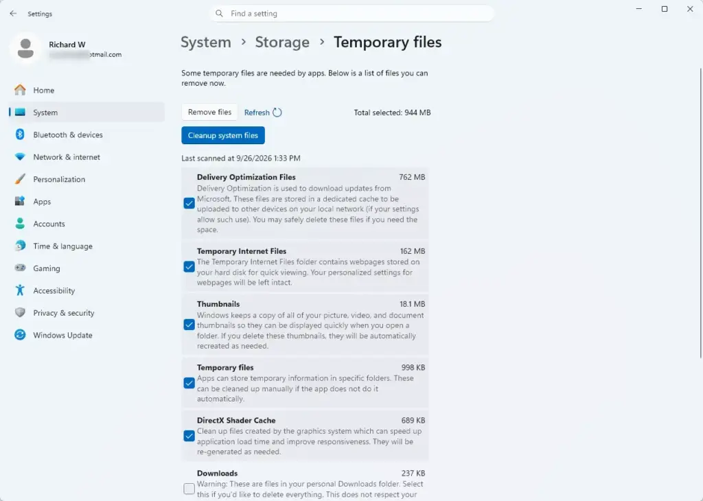 Settings › System › Storage › Temporary files
