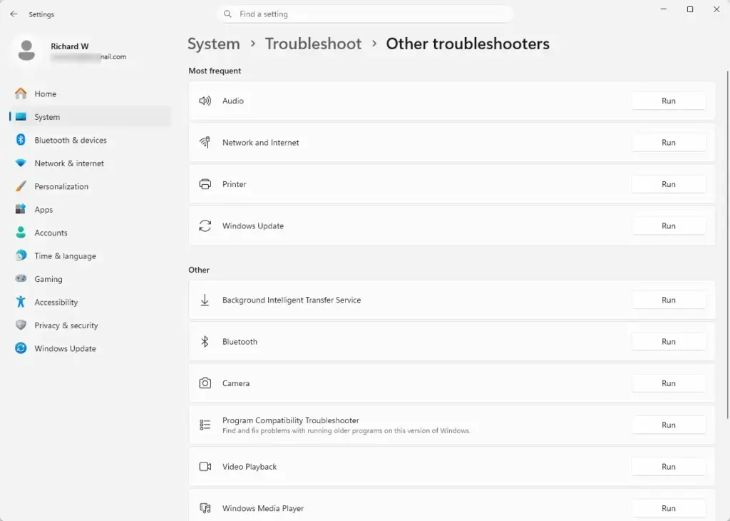 Settings › System › Troubleshoot › Other troubleshooters