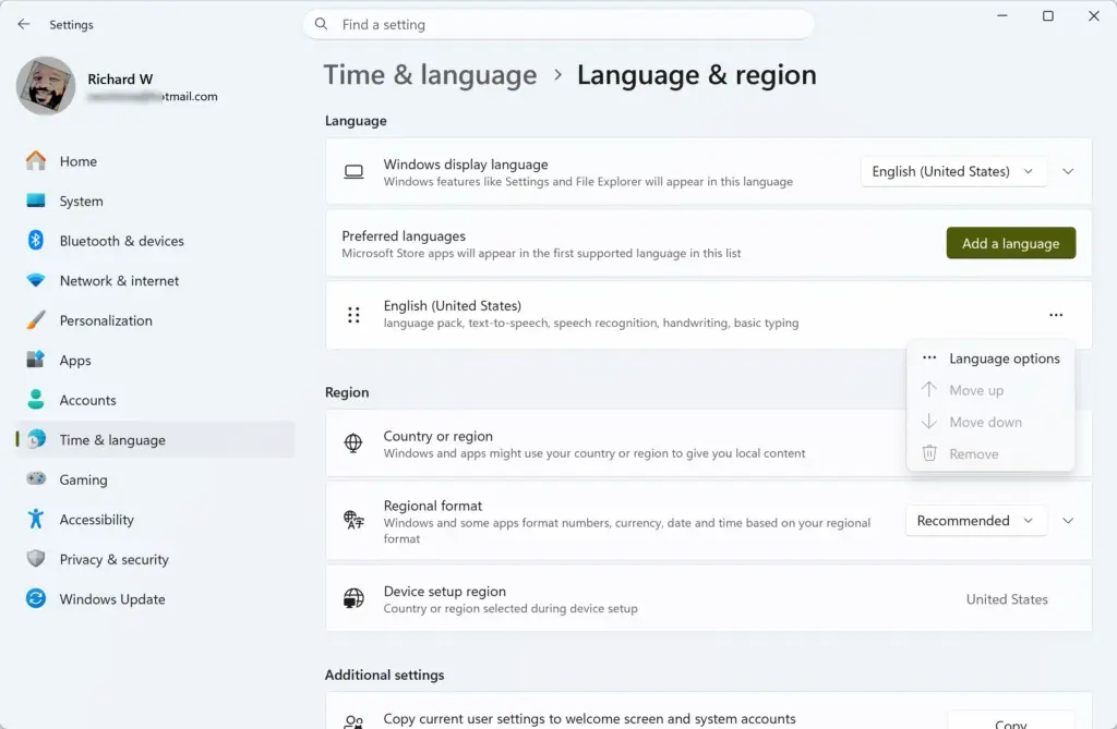 Settings › Time & language › Language & region › Preferred languages
