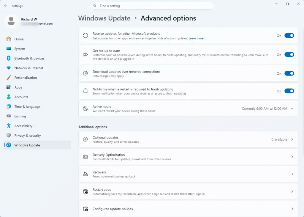 Settings › Windows Update › Advanced options