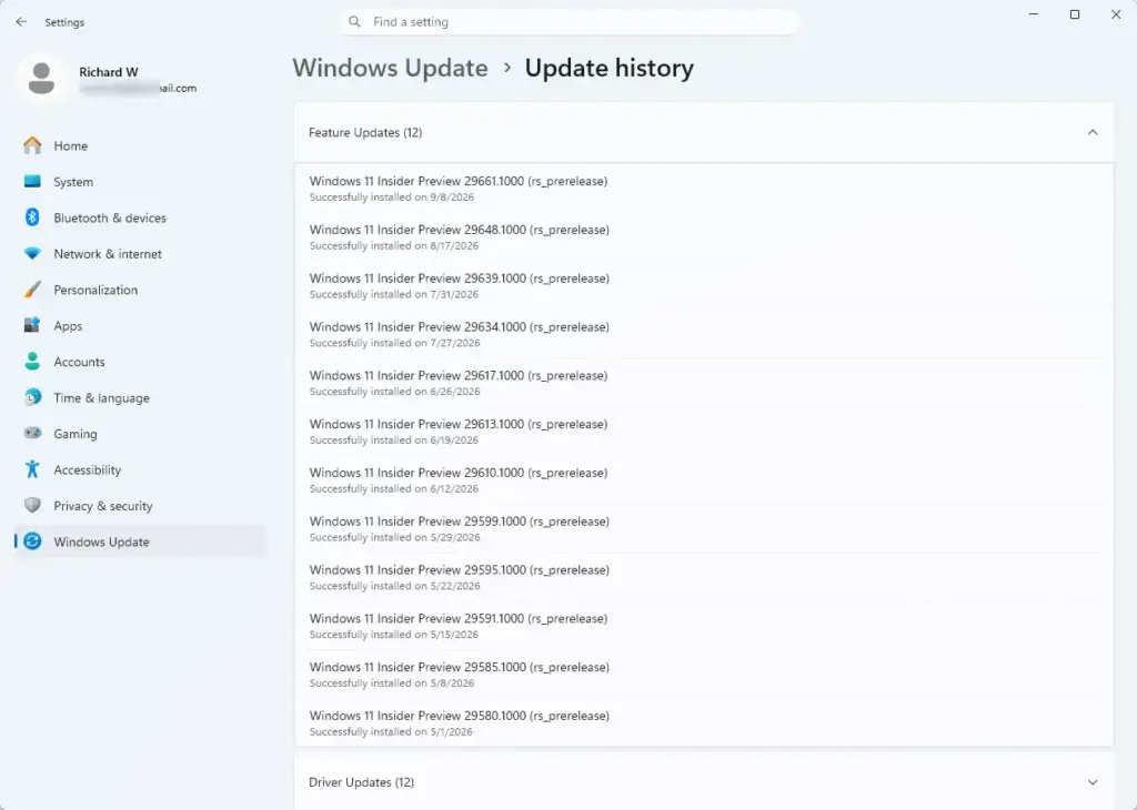 Settings › Windows Update › Update history
