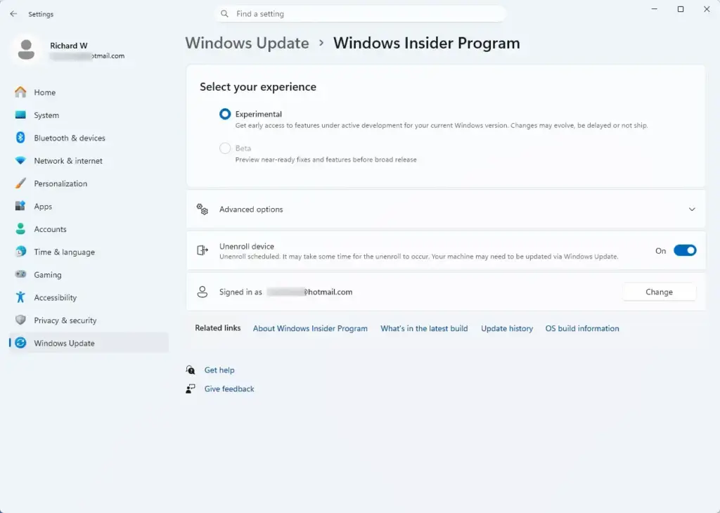 Settings › Windows Update › Windows Insider Program