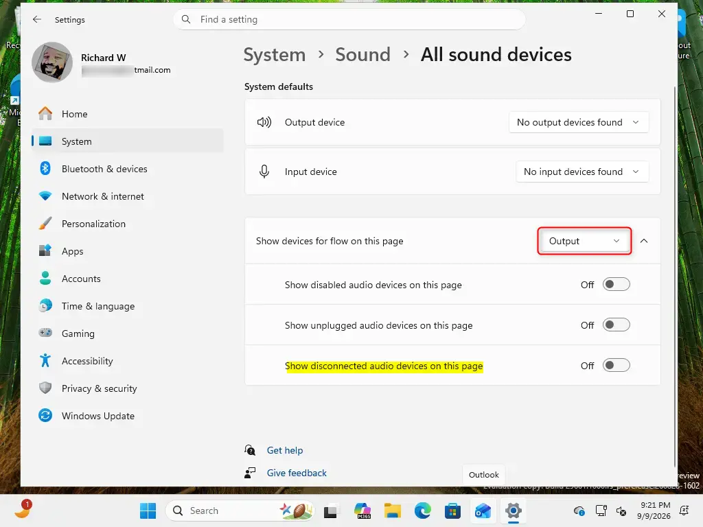 Toggle setting to show or hide disconnected audio devices in Windows 11