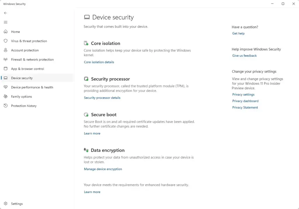 Windows Security › Device security