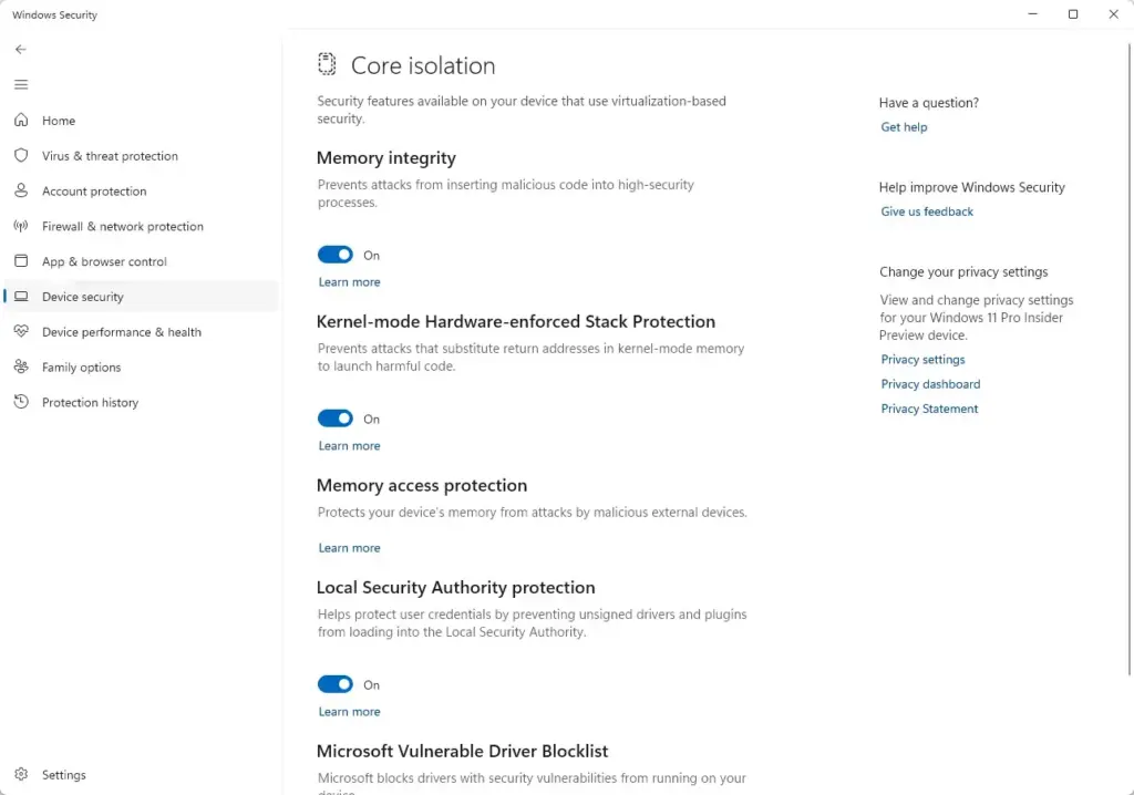 Windows Security › Device security › Core isolation