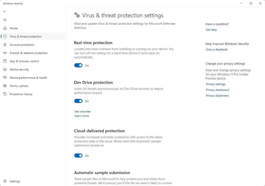 Windows Security › Virus & threat protection settings