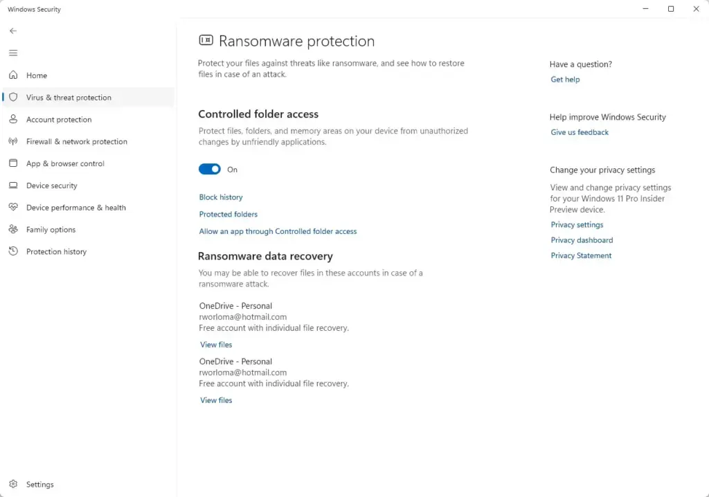 Windows Security › Virus & threat protection › Ransomware protection