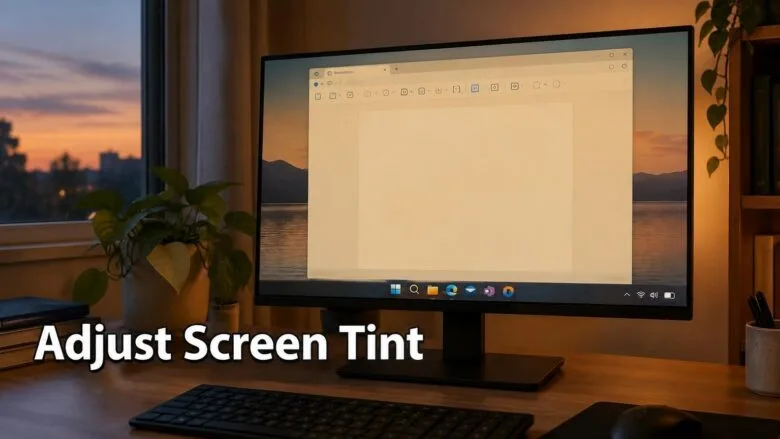 A Windows 11 monitor glowing with a warm amber tint in a dim room, illustrating how to adjust screen tint for eye comfort.