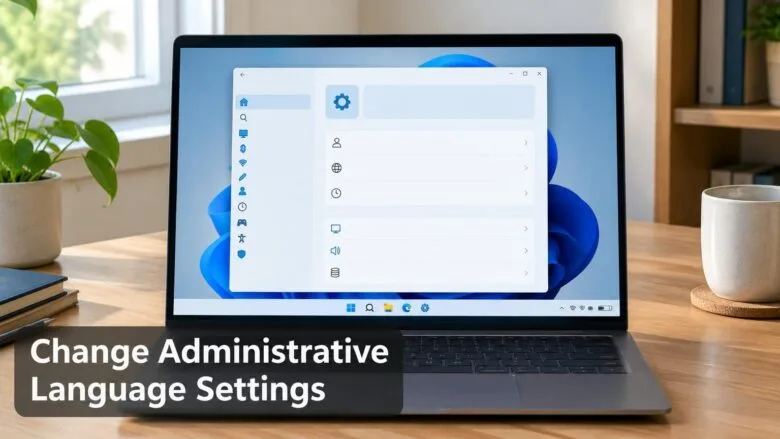 A Windows 11 desktop with a Settings window open, showing how to reach administrative language settings for the system locale and welcome screen.